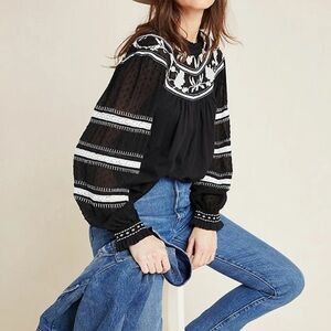 Anthropologie Black and White Embroidered Blouse
